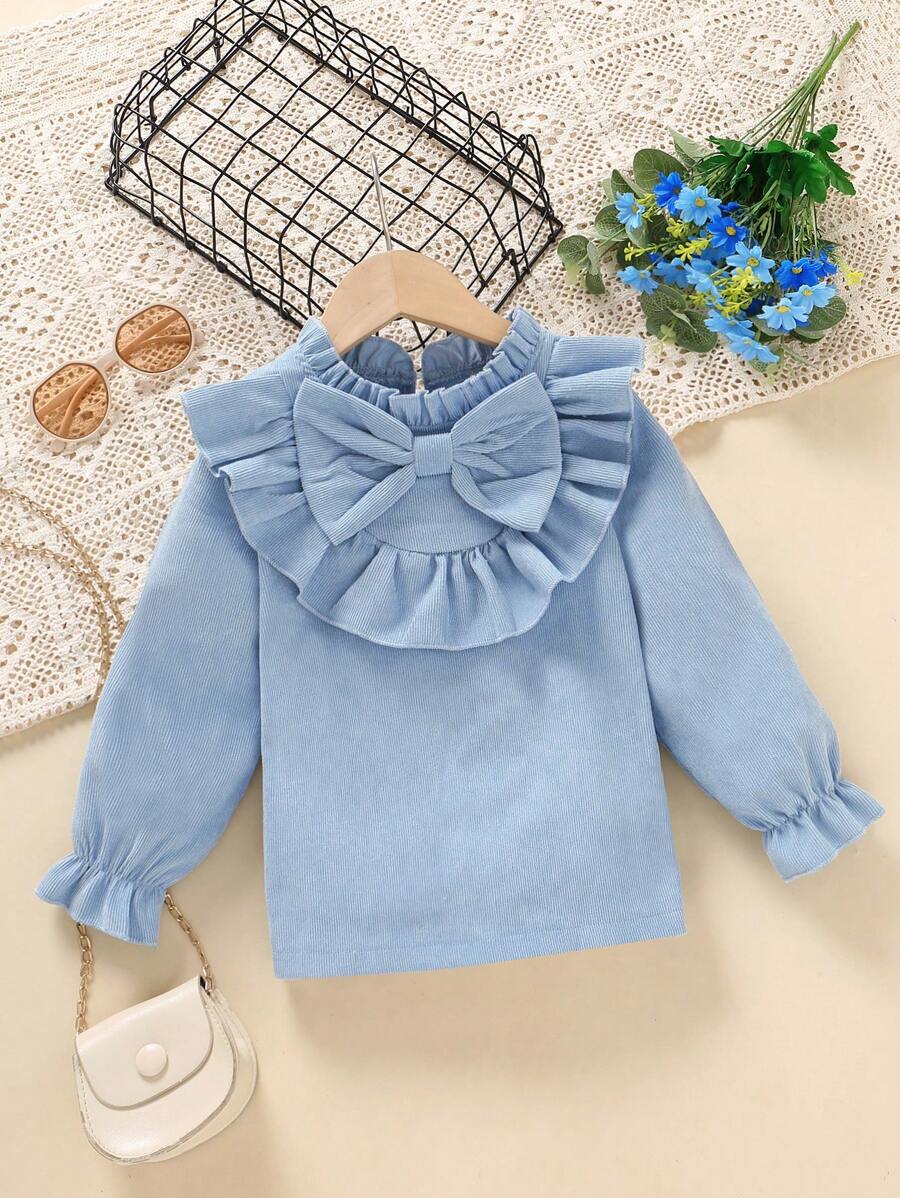 SHEIN Chica Joven Blusa ribete con fruncido de manga con volante con lazo delantero - Azul - Ver 1