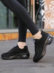 女性透氣舒適運動鞋帶氣墊鞋底,輕便,防滑,黑色跑步鞋,休閒步行鞋 - 黑色 - 查看 7