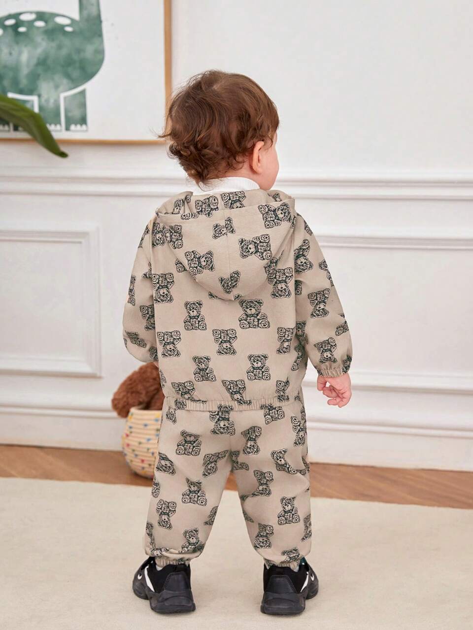 Baby Boy Cute Bear Printed Long Sleeve Hooded Jacket And Tapered Pants Set