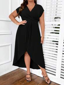 SHEIN Clasi Plus Solid Wrap Hem Dress - Black - View 3