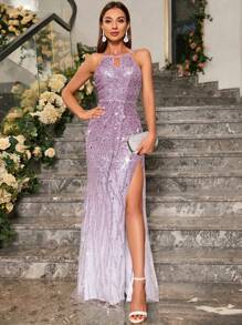 Keyhole Neck Split Thigh Sequin Formal Dress - Purple - View 1