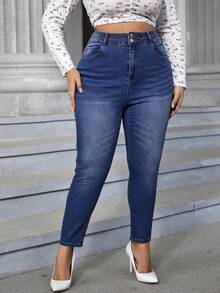 SHEIN Essnce 大碼高腰緊身牛仔褲 - 深色水洗藍 - 查看 6