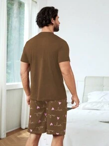男士字母圖案T恤和短褲睡衣套裝 - 咖啡棕 - 查看 2