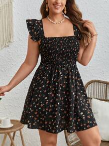 SHEIN VCAY Plus Váy Boho mùa hè họa tiết hoa nhỏ nhắn xếp nếp - màu đen - Xem 4
