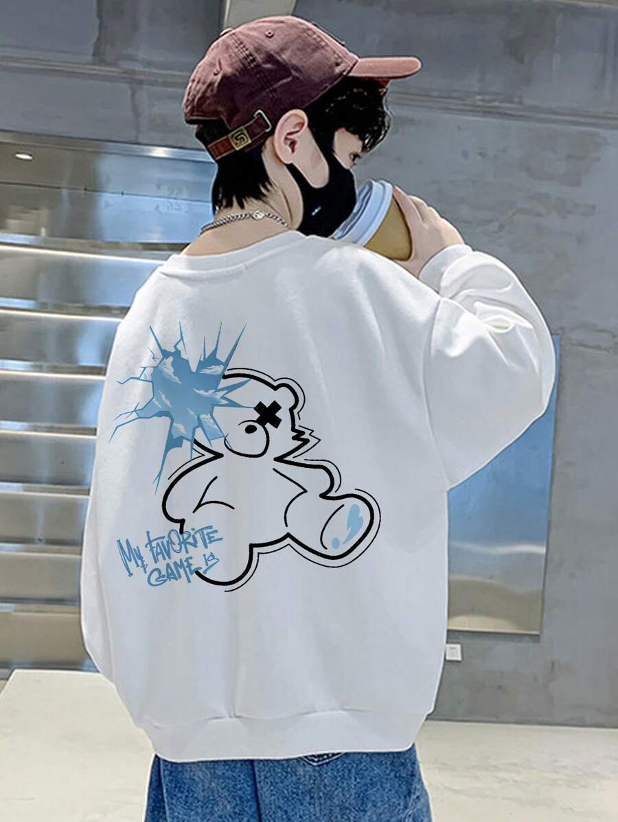 Tween Boy Bear & Letter Graphic Drop Shoulder Sweatshirt - White - View 1