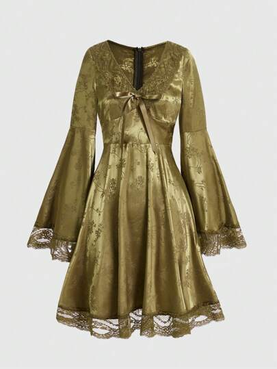 Fairycore Robe Avant Nouée À Manches Amples À Bordure En Dentelle Jacquard Floral