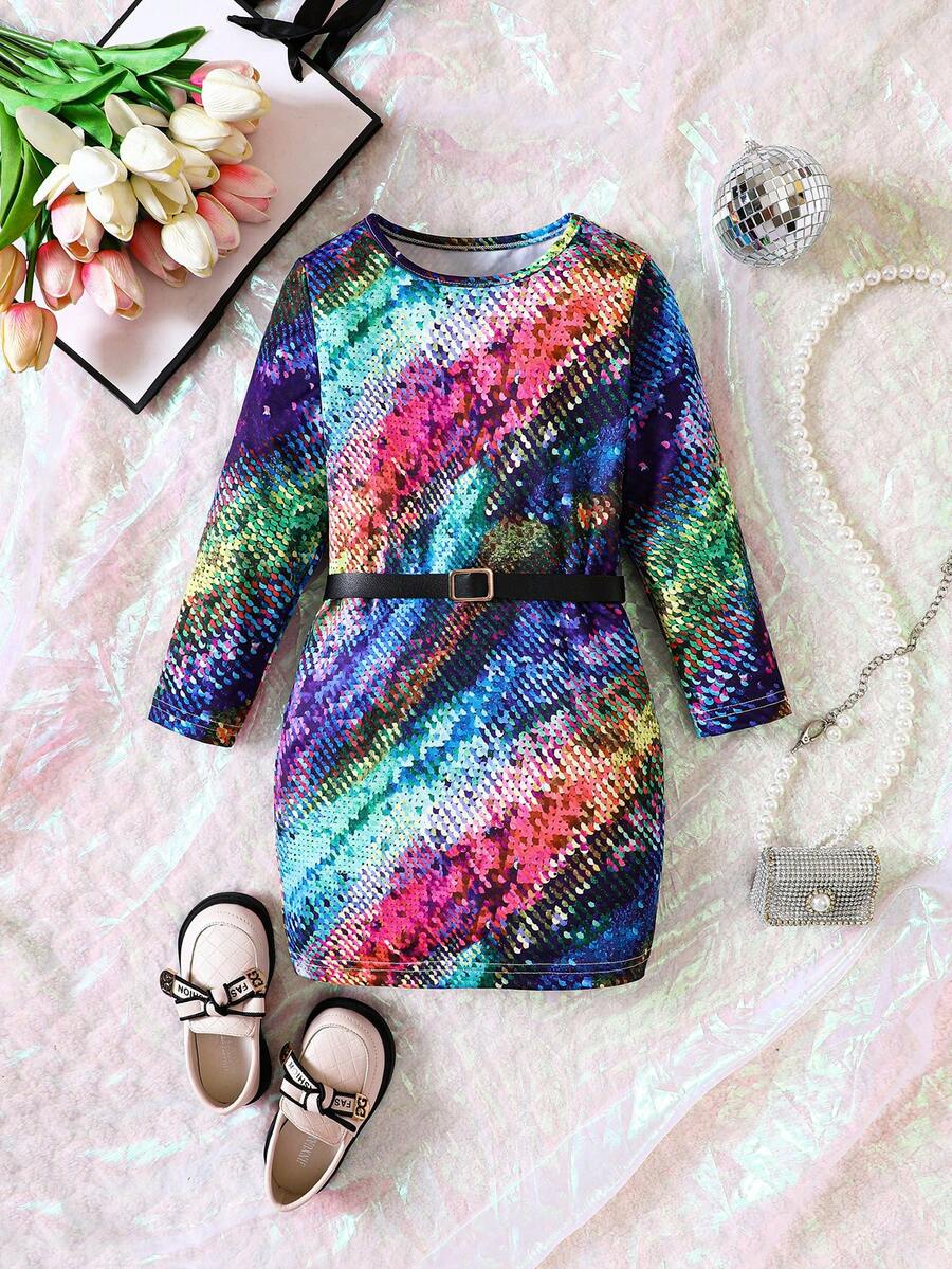 SHEIN 女小童紮染圖案繫腰帶洋裝