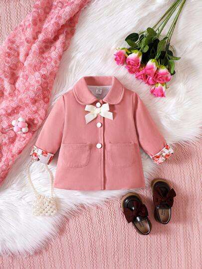 Baby Girl Floral Print Bow Front Dual Pocket Peter Pan Collar Coat
