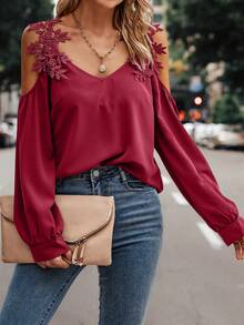 SHEIN LUNE Appliques Cold Shoulder Blouse - Burgundy - View 3