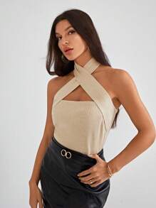 SHEIN Privé Crisscross Halter Knit Top - Khaki - View 4