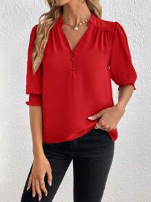 SHEIN Privé Blusa con escote en pico y mangas abultadas, Top de manga tres cuartos - Rojo - Ver 4