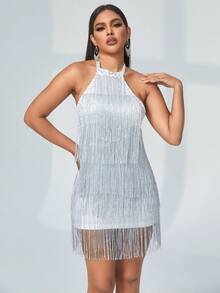 Váy xếp tầng có dây viền trang trí không lưng đính sequin - Bạc - Xem 3