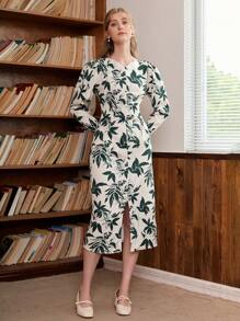 SHEIN Privé Sợi viscose In Bọc Váy sơ mi - Màu xanh lá cây đậm - Xem 6