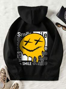 INAWLY Letter & Cartoon Face Print Drawstring Thermal Lined Hoodie - Black - View 1