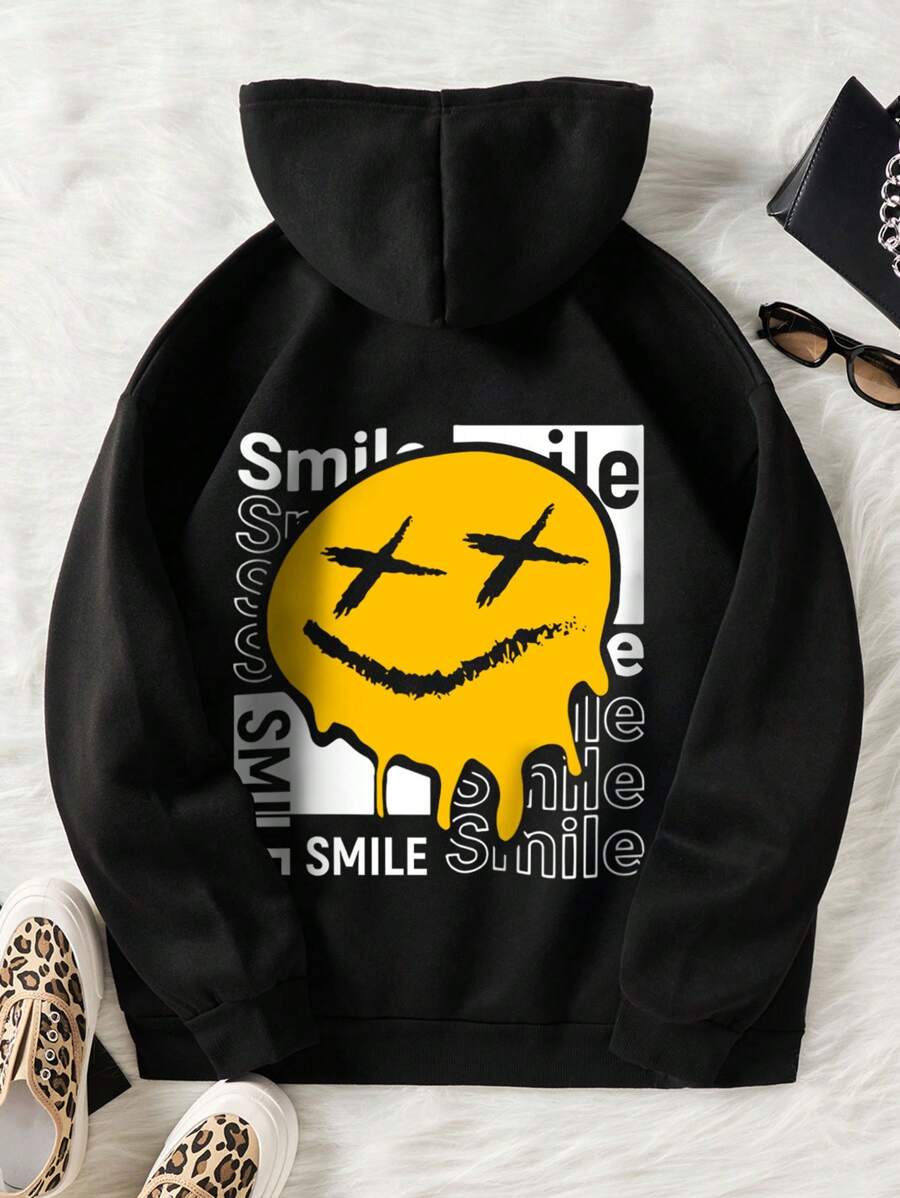 INAWLY Letter & Cartoon Face Print Drawstring Thermal Lined Hoodie - Black - View 1