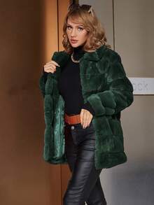 Eilly Bazar Solid Open Front Fuzzy Coat - Dark Green - View 3