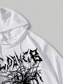 ROMWE MEN Goth Men Letter & Spider Web Print Drawstring Hoodie - White - View 7