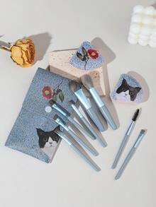 GALLERY  K 可愛奶牛,貓&花朵設計化妝刷套裝 - 彩色 - 查看 3