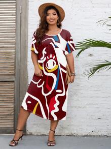 SHEIN EZwear Plus Eye Print Tee Dress - Multicolor - View 4