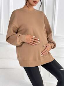 SHEIN Áo nỉ xẻ vai trễ vai cho bà bầu, dành cho mùa đông - màu nâu - Xem 5