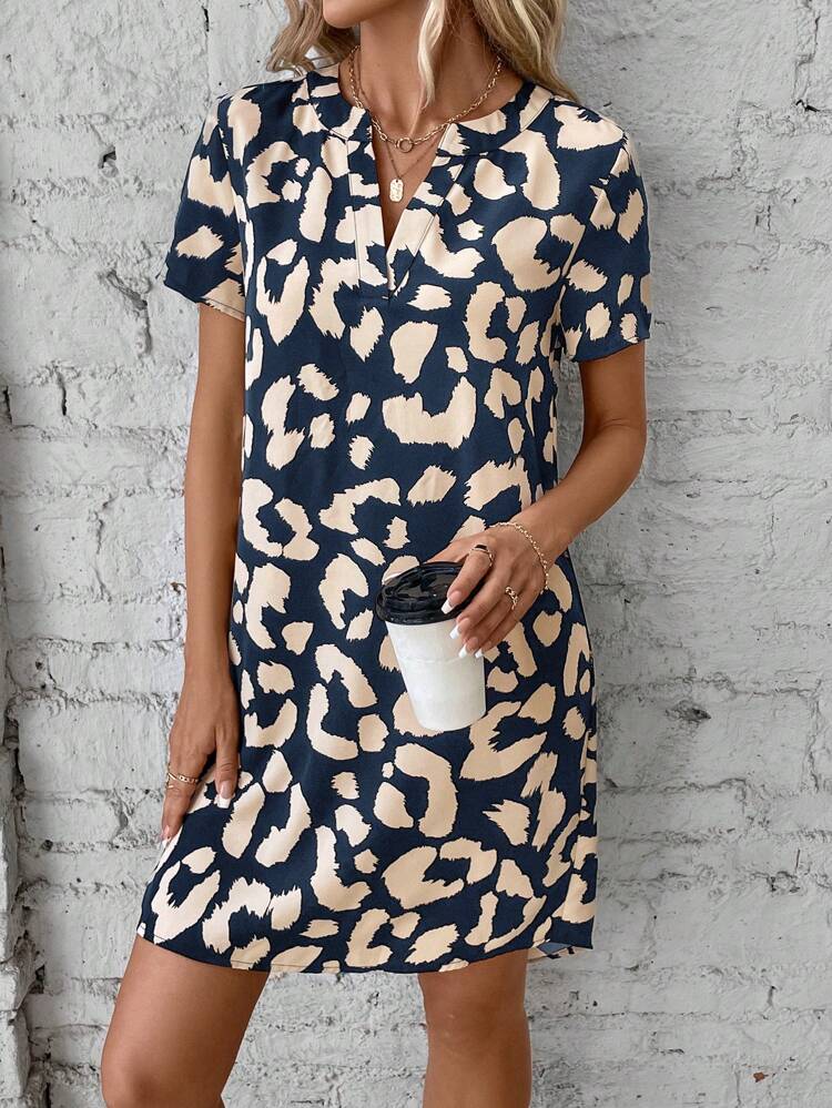 Allover Print Notched Neckline Dress,Sun Dress