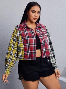 SHEIN EZwear Plus Plaid Print Colorblock Flap Pocket Crop Shirt - Multicolor - View 3