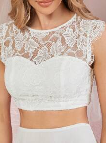 SHEIN Belle Guipure Lace Insert Crop Top & Skirt - White - View 6