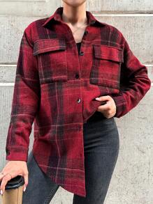 SHEIN PETITE Plaid Print Drop Shoulder Flap Pocket Button Front Coat - Burgundy - View 1