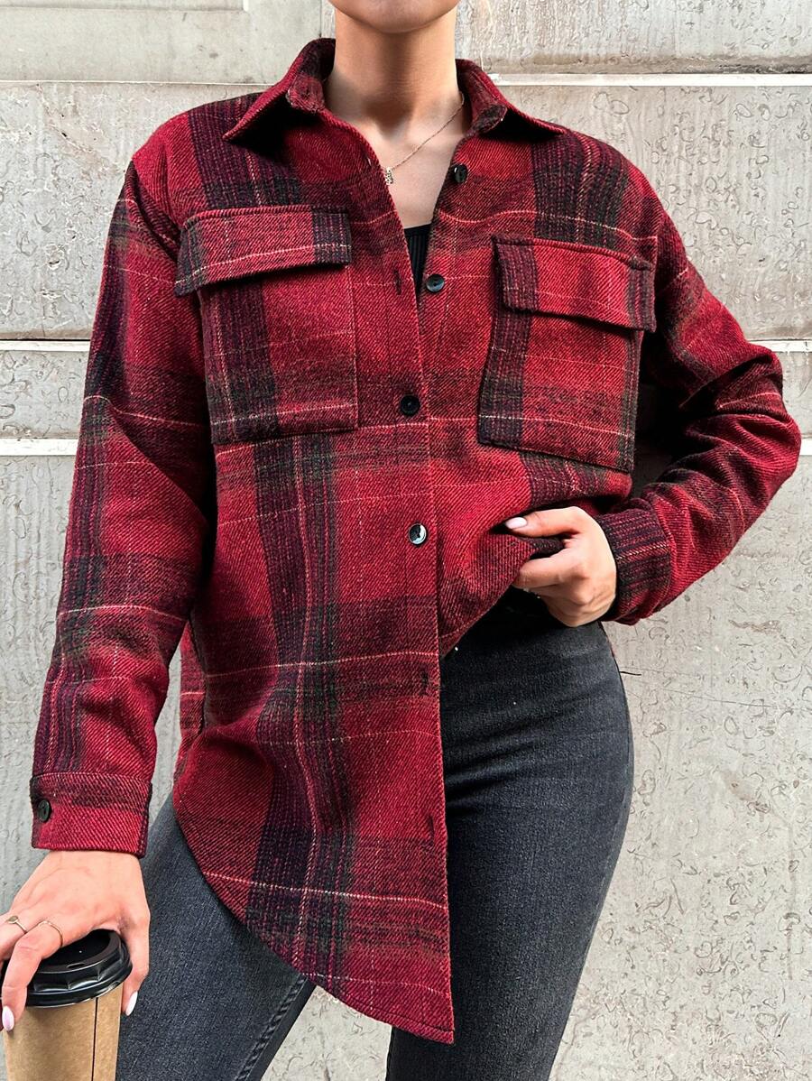 SHEIN PETITE Plaid Print Drop Shoulder Flap Pocket Button Front Coat - Burgundy - View 1