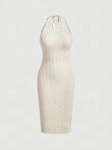SHEIN MOD Solid Tie Backless Cable Knit Sweater Dress - Apricot - View 1