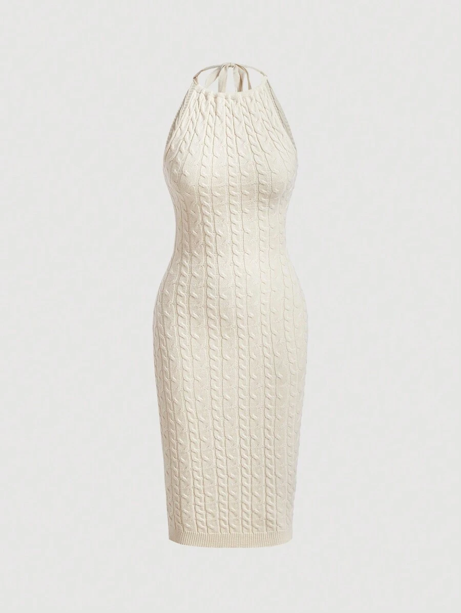 SHEIN MOD Solid Tie Backless Cable Knit Sweater Dress - Apricot - View 1