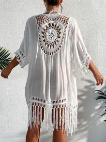 Hollow Out Fringe Hem Kimono - White - View 2