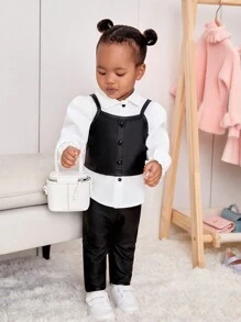 SHEIN Đứa bé gái 3pcs Thời gian rảnh rỗi Áo sơ mi , Da giả Dải mỏng Áo ba lỗ , Eo đàn hồi Dài Quần Bộ - Đen và trắng - Xem 1