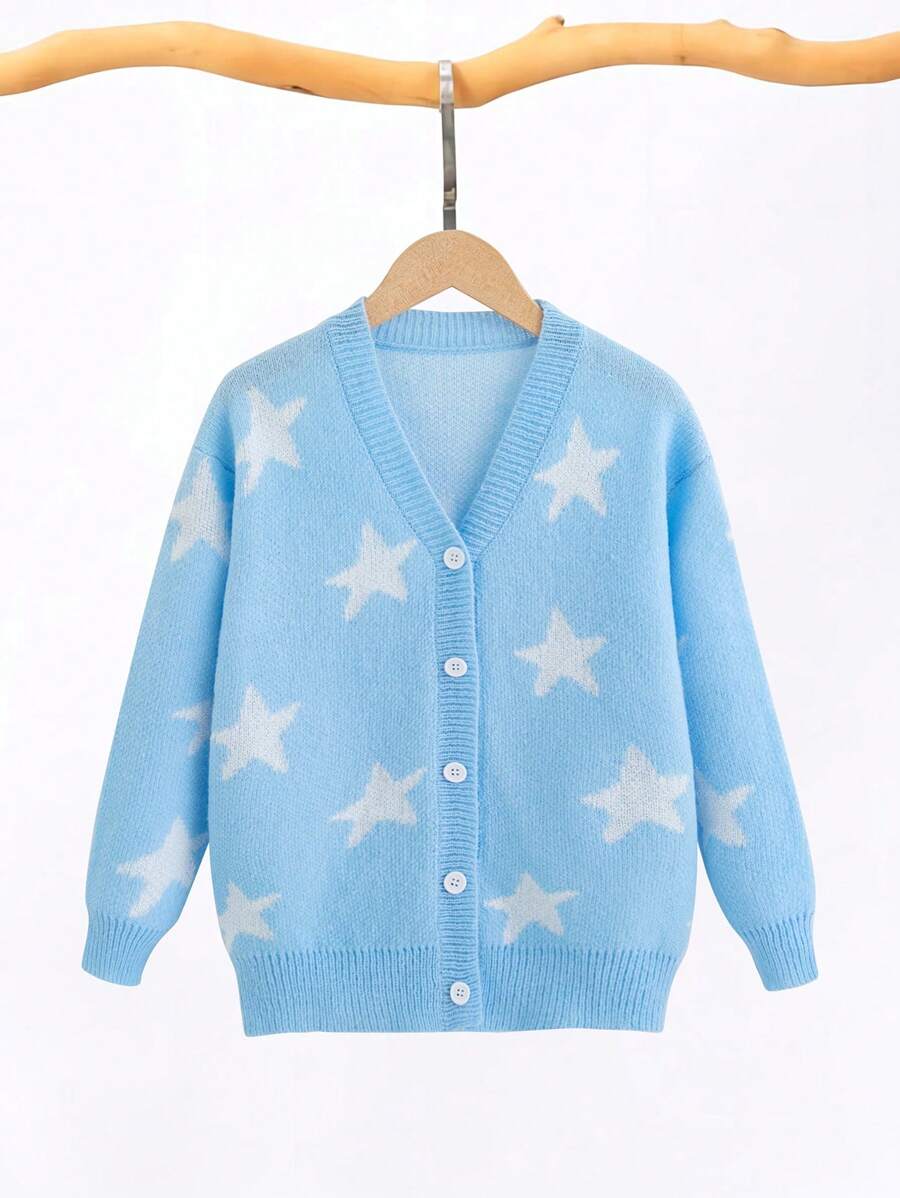 SHEIN Tween Girl Star Pattern Drop Shoulder Cardigan - Baby Blue - View 1