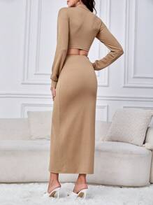 SHEIN Tall Drawstring Front Crop Top & Skirt - Khaki - View 2