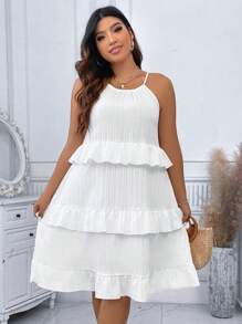 SHEIN LUNE Hơn Viền Ruffle Váy Dây - trắng - Xem 7
