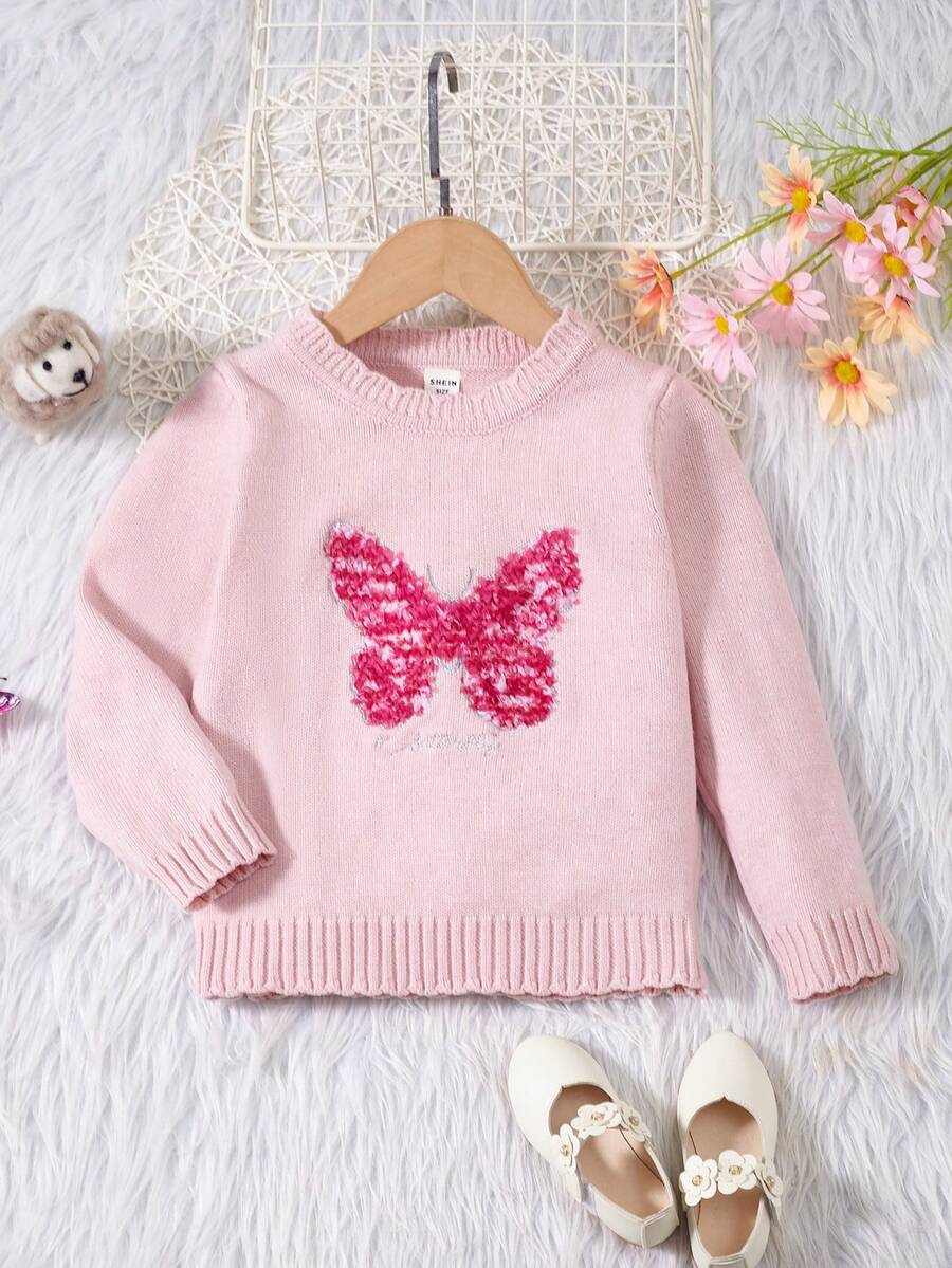 SHEIN 女小童蝴蝶&標語圖案套頭毛衣 - 粉色 - 查看 1