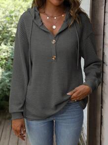 SHEIN LUNE 半排扣落肩袖抽繩連帽衫 - 深灰色 - 查看 6