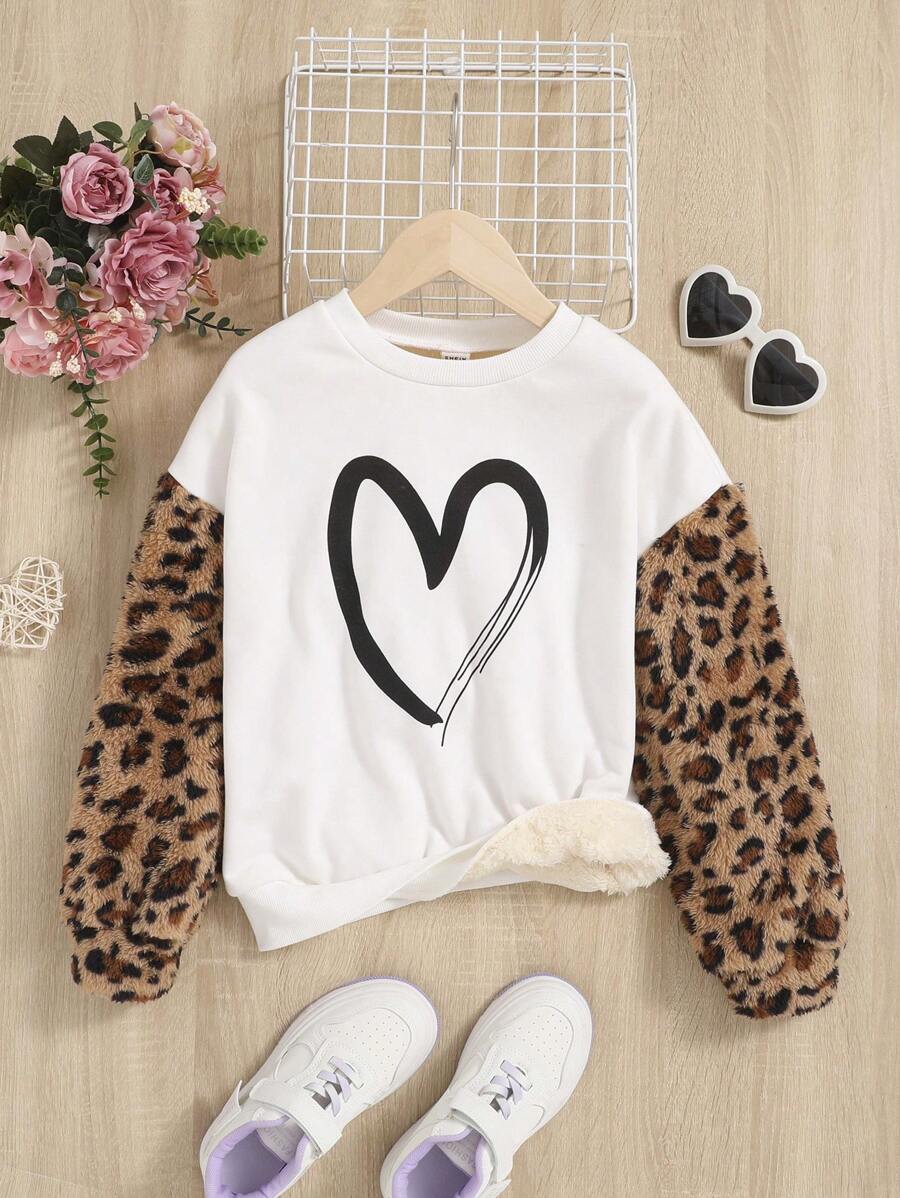 SHEIN Tween Girl Heart & Leopard Print Contrast Sleeve Thermal Lined Pullover - Multicolor - View 1