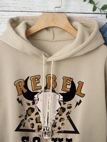 SHEIN Essnce 豹紋&字母圖案加絨內裏抽繩短款連帽衫 - 卡其色 - 查看 6