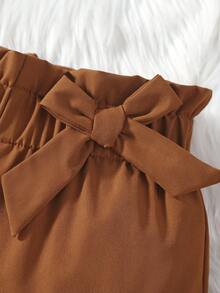 SHEIN Cô Gái Trẻ Nếp gấp cao eo Nơ mặt trước Viền Flounce Quần - màu nâu - Xem 6