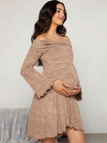 SHEIN Maternity Off Shoulder Lettuce Trim Dress - Apricot - View 5