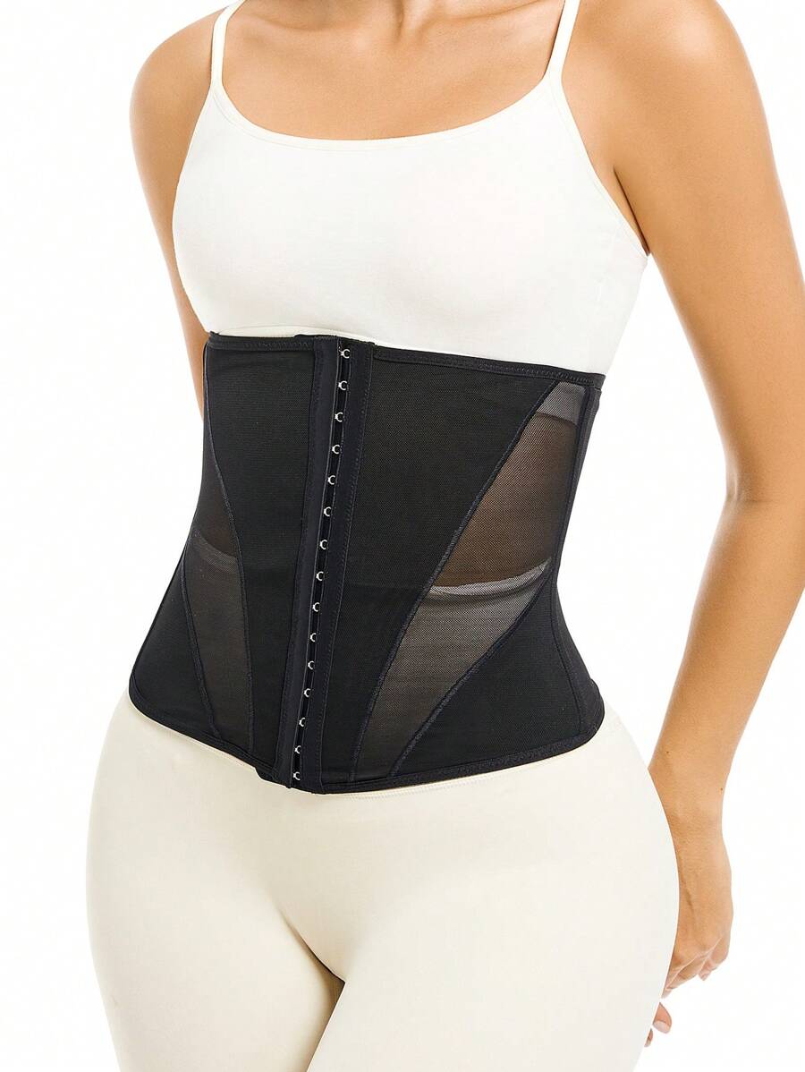 Mesh Panel Hook & Eye Front Waist Trainer - Black - View 1
