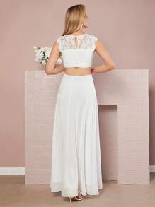 SHEIN Belle Guipure Lace Insert Crop Top & Skirt - White - View 2