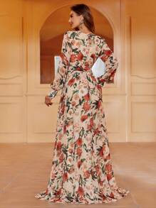 Floral Print Belted Maxi Dress - Apricot - View 2