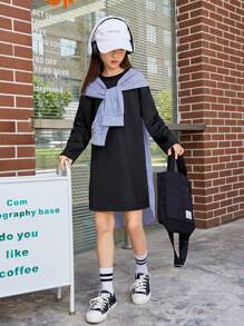 SHEIN Cô gái Tween In sọc Hem cao thấp Váy 2 trong 1 Với khăn quàng cổ - màu đen - Xem 6