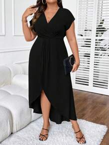 SHEIN Clasi Plus Solid Wrap Hem Dress - Black - View 6