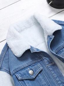 Tween Flicka Kontrast Teddy Krage Klaff Ficka Termiskt fodrad Denimjacka Utan T-shirt - Ljustvätt - Visa 4