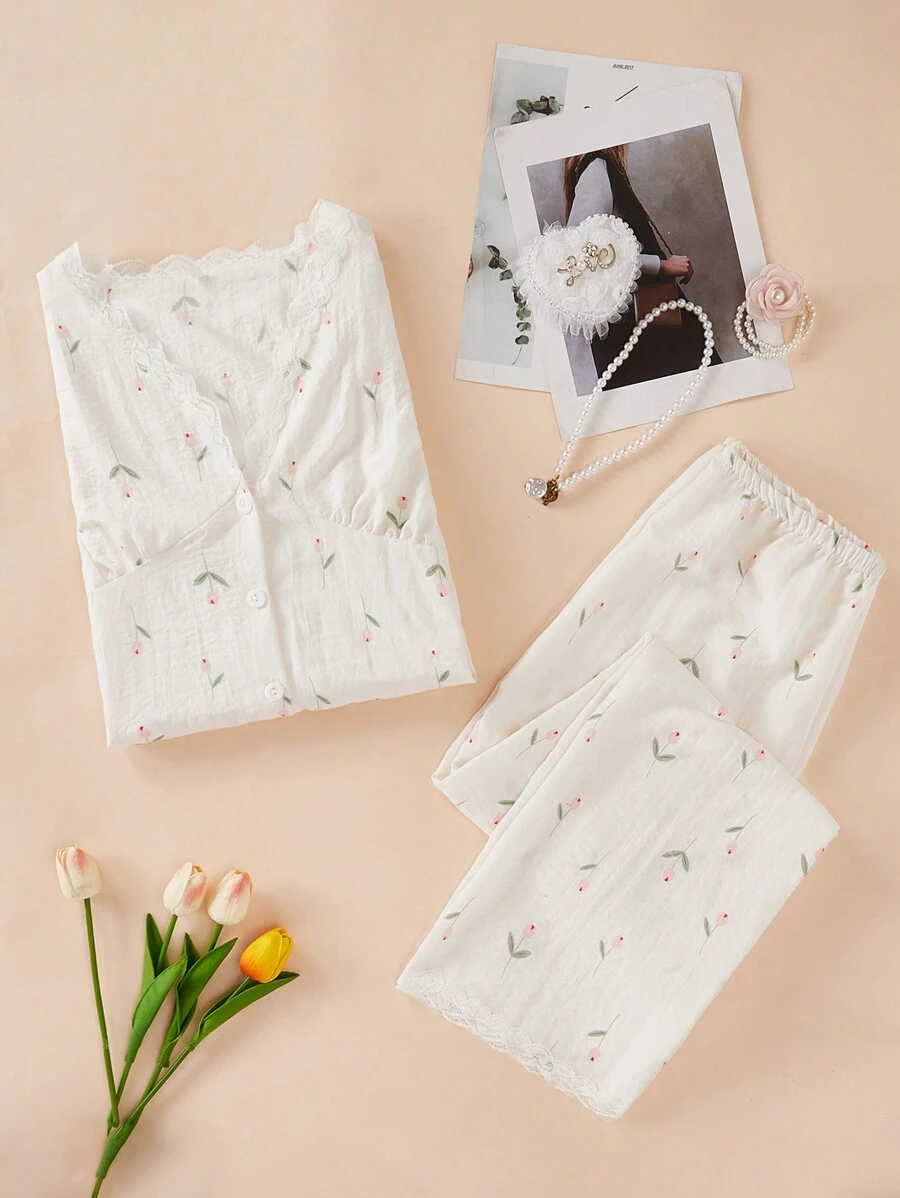 Floral Print Lace Trim PJ Set / Pajama Set White Set - White - View 1