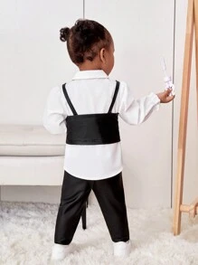 SHEIN Đứa bé gái 3pcs Thời gian rảnh rỗi Áo sơ mi , Da giả Dải mỏng Áo ba lỗ , Eo đàn hồi Dài Quần Bộ - Đen và trắng - Xem 2